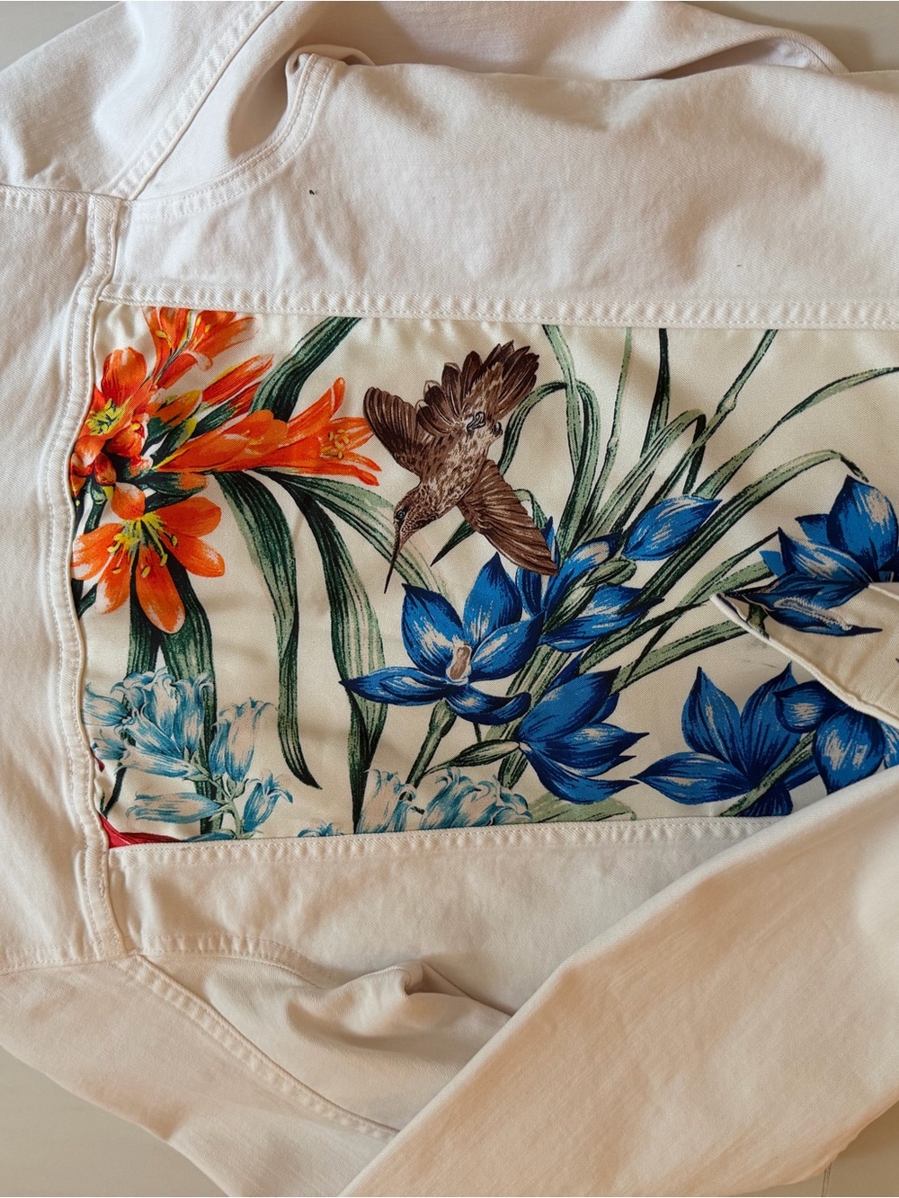 Floral Print Cream Jean Jacket with Blue & Orange Accents